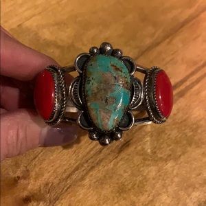 Native Am. Turquoise and Red Coral stamped cuff